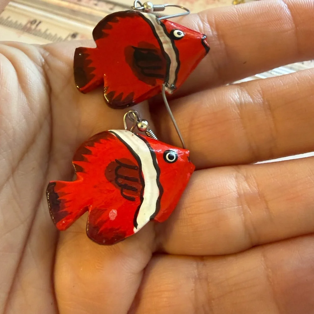 Handmade Red Clownfish‎ Drop Earrings Hand Painted Nautical Fish Jewelry